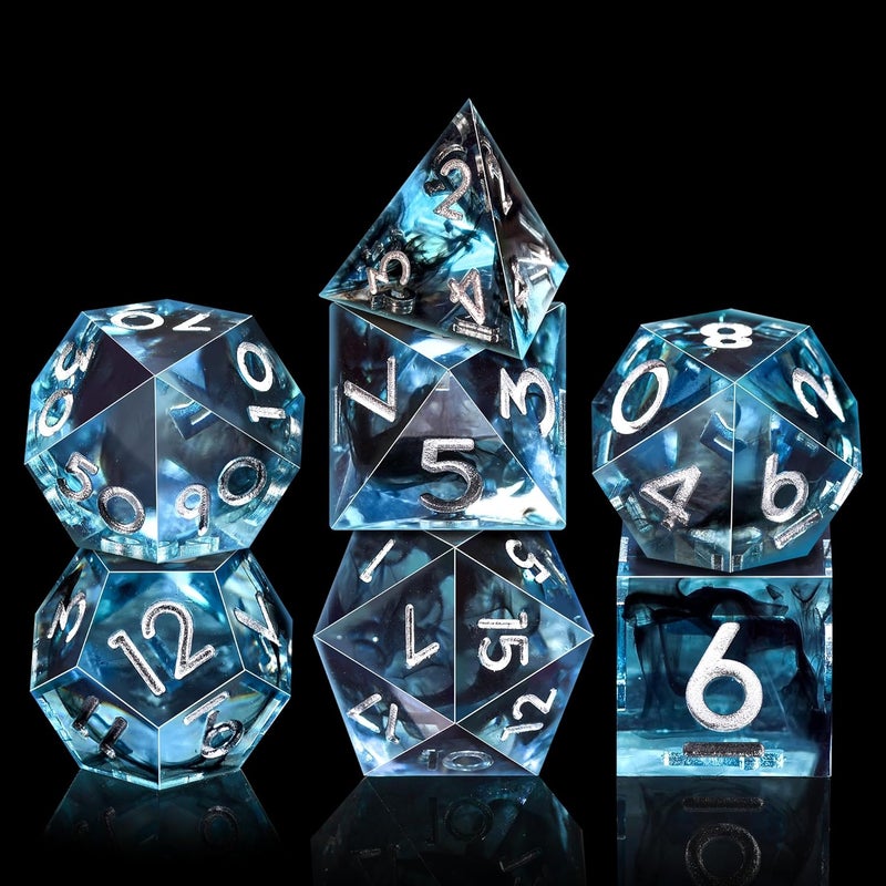 AUSTOR 7-Die DND Dice Set Handmade Sharp Edge Polyhedral Dice for Dungeons and Dragons D&D RPG MTG Table Games (Blue & Black, Silver) - Image 2